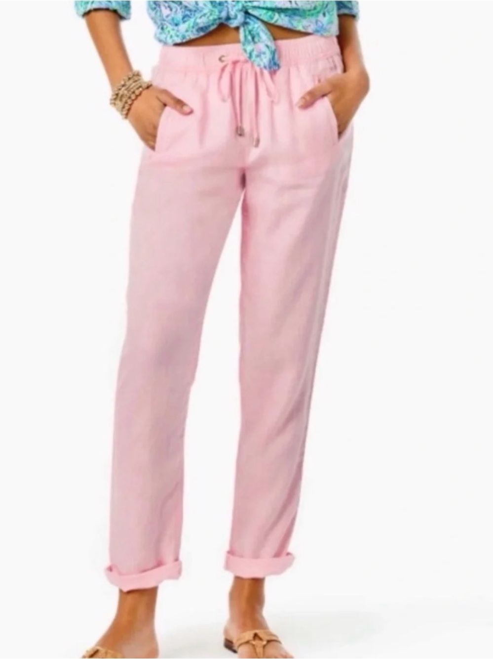 NWT Lilly Pulitzer Pink Blossom Taron Linen Pants, Size XL